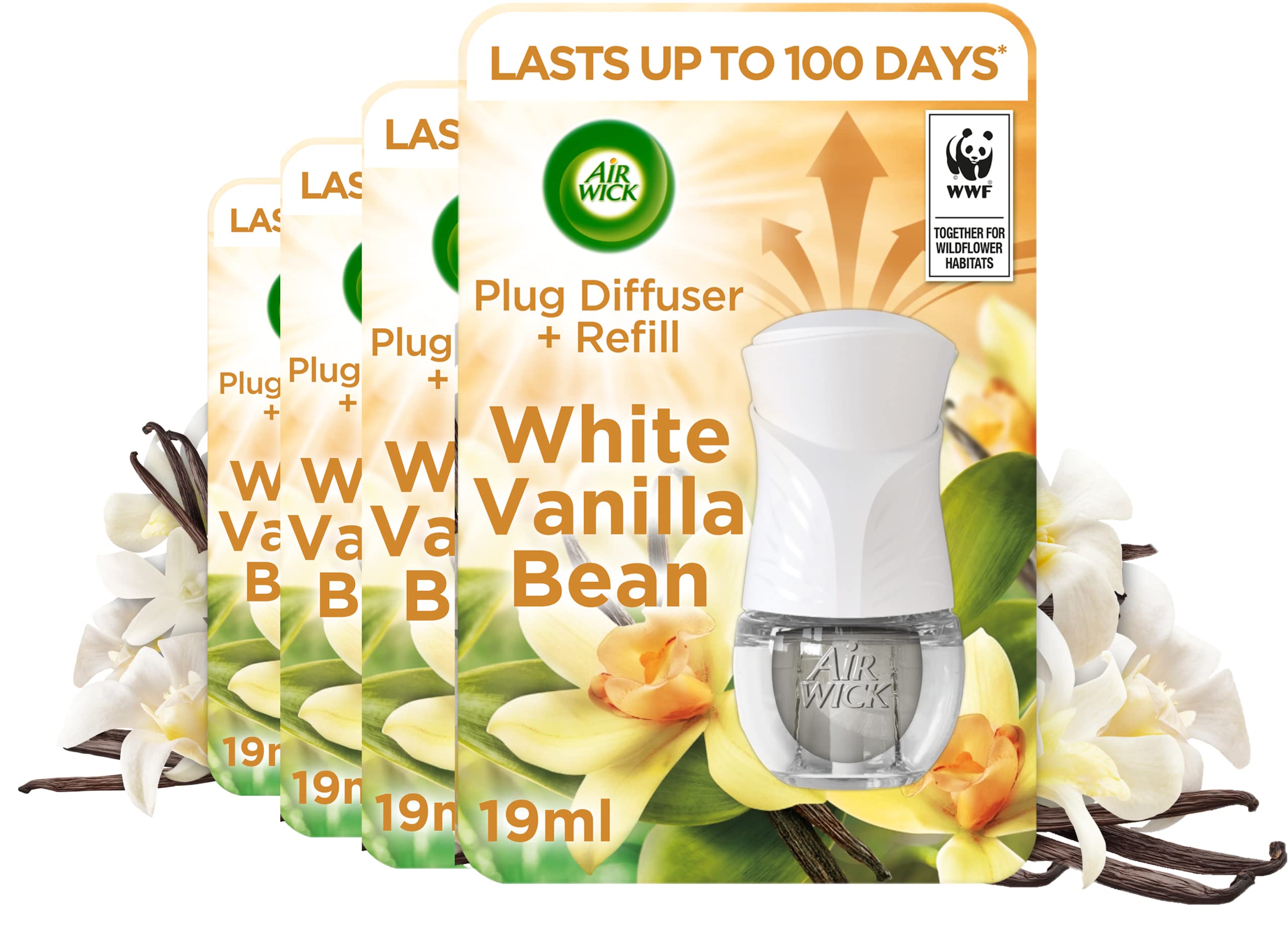 Air Wick| White Vanilla Bean| Plug in Electrical Essential Oils Air Freshener Kit Gadget and Refill| Pack of 4