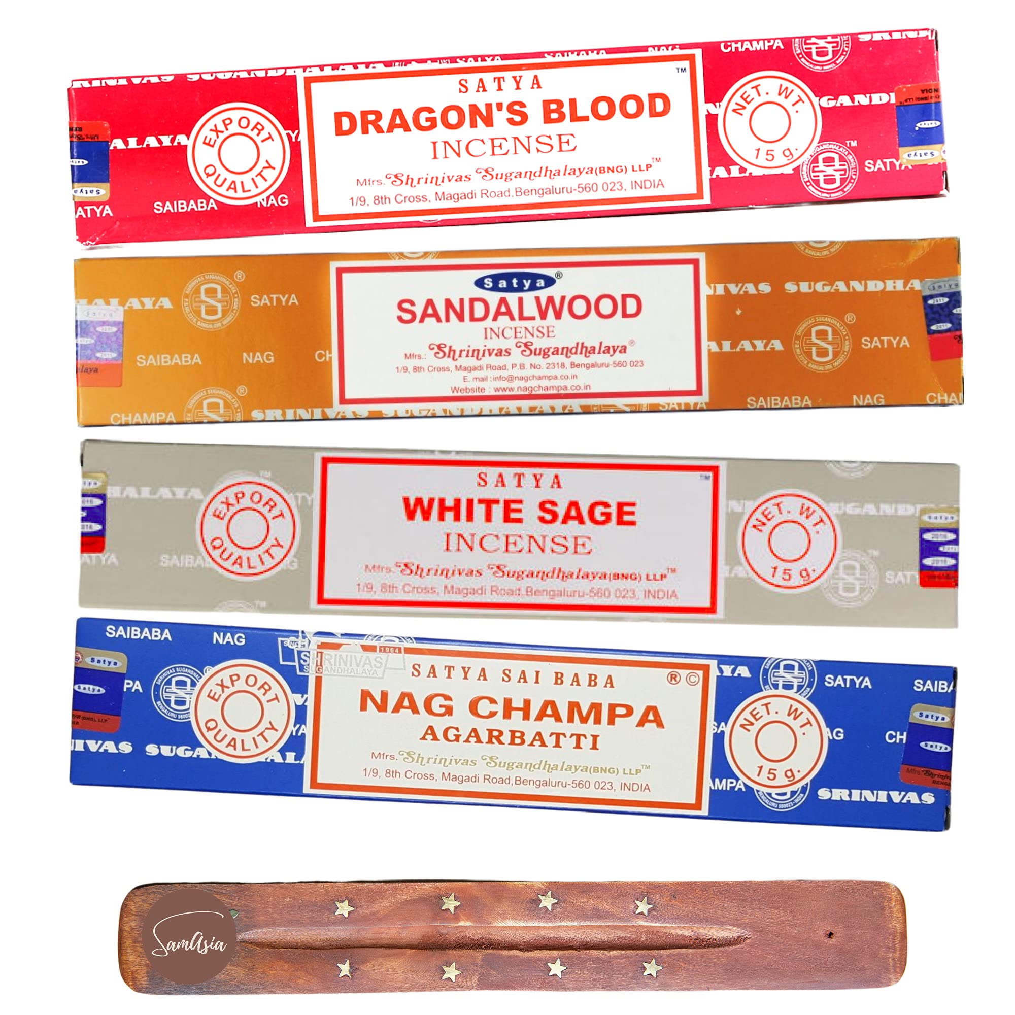 Satya Nag Champa Incense Sticks - 4 unique and premium flavours - Dragons Blood, Sandalwood, White Sage and Agarbatti and comes with SAMASIA incense holder — image 1