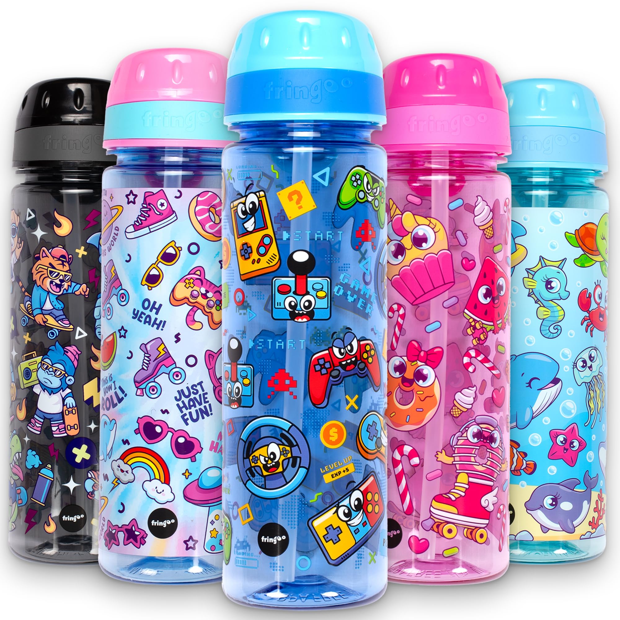 Fringoo Kids School Water Bottle - 650ml Straw Bottle with Carry Handle, Very Durable & 100% Leakproof, BPA-Free (Gaming Faces)