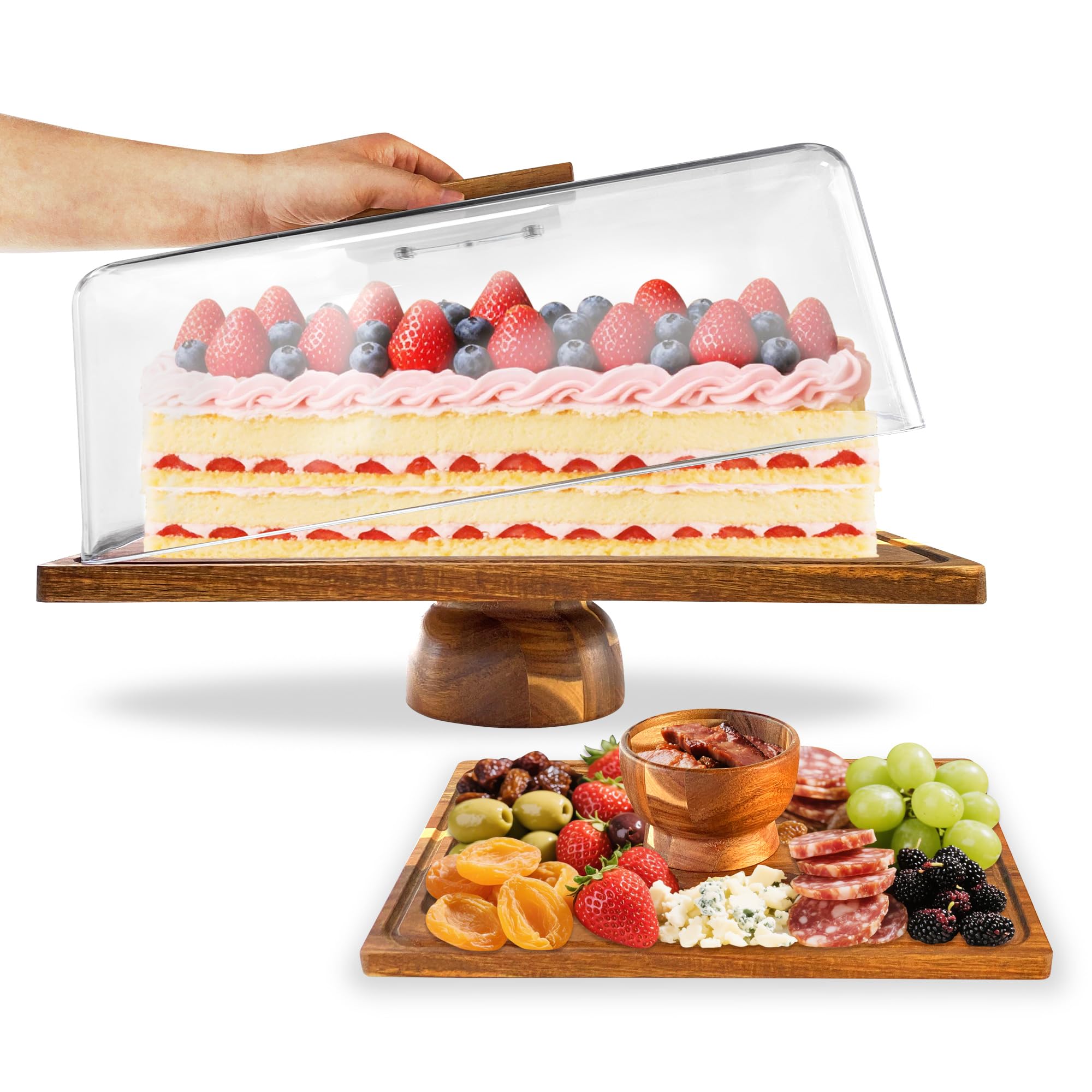 Photo 1 of Wood-Rectangular-Cake-Stand with Acrylic Dome Lid, Wooden Cake Holder Plate with Cover, 2-in-1 Dessert Table Display Set for Party, Charcuterie Board for Cheese, Chips & Dips, Nachos, Fruit Platter