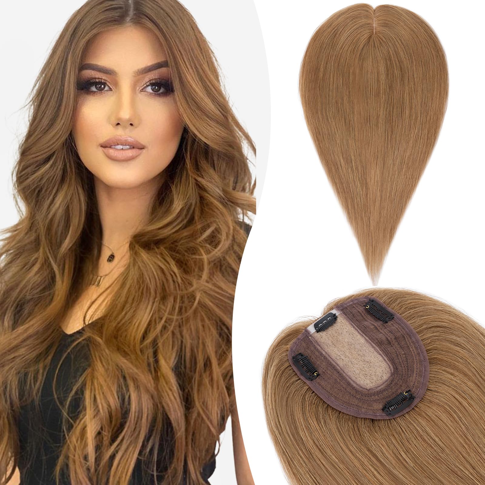 Silk-co 10inch Hair Topper for Thinning Hair Women Clip in Real Remy Human Hair Extensions Top Piece Base Size 10 * 12cm Silk+Lace Base (#06 Light Brown) — image 1
