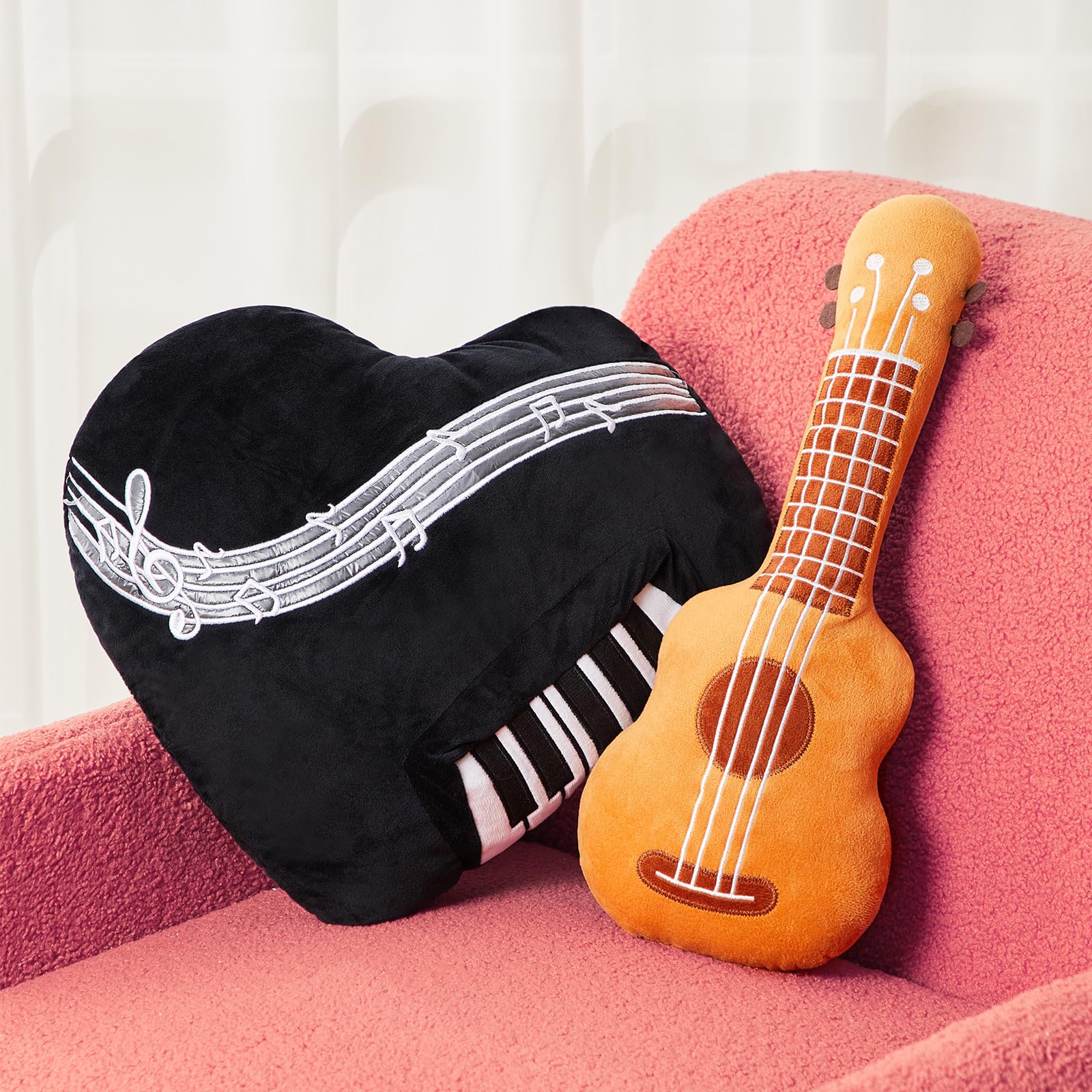 Photo 1 of Wonderjune 2 Pcs Rock Star Plush Pillow Set 18.5" Guitar Stuffed Plush 17.7" Piano Pillow Instrument Stuffed for Rock and Roll Music Party Favors 80s 90s Party Decoration Birthday Gifts