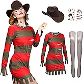 Vynium 3 Pcs Halloween Costume for Women Red Green Striped Costume with Hat Fishnet Stockings Scar Stickers Cosplay Killer