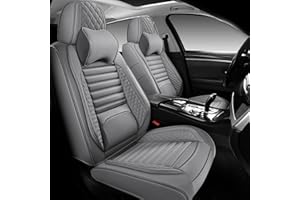 WENNFOUR Car Seat Covers Full Set, Universal Nappa Leather Seat Covers with Car Headrest Pillow for Most Vehicles SUV Pick-up Truck, Full Coverage Automotive Seats Protector Fit for 5 Seats, Grey
