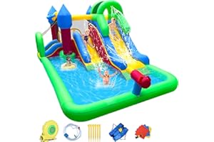 BESTPARTY Inflatable Dual Water Slide,9 in 1 Bouncy Castle with Splash Pool and Water Gun,Double Slides with Climbing Wall and Tunnel,Water Park with Basketball Rim,Sprinkler,Blower