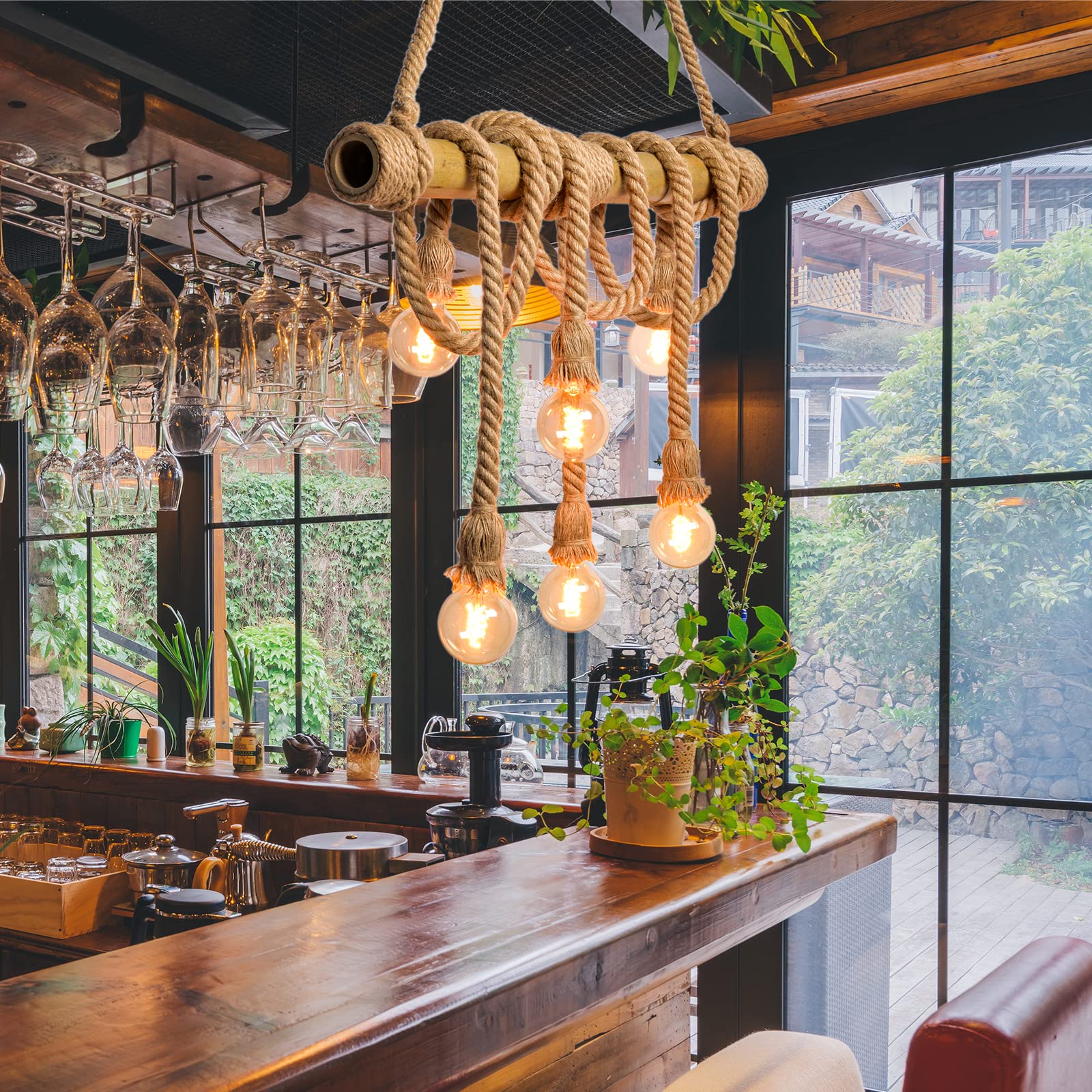 Photo 1 of **COMING UNGLUED** Arturesthome 6 Heads Hemp Rope Pendant Light, Vintage Bamboo Chandeliers Fixture Kitchen Island, Rustic Industrial Hanging Lamp for Bedroom Restaurant Cafe Bar Country Style Decoration
