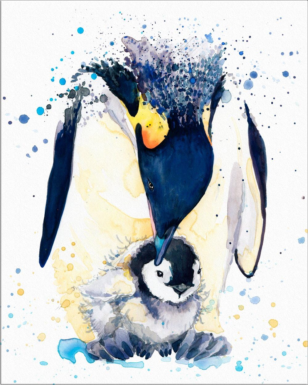7Dots Art. Mom and Baby. Watercolor Art Print, Poster 8"x10" on Fine Art Thick Watercolor Paper for Childrens Kids Room, Bedroom, Bathroom. Wall Art Decor with Animals for Boys, Girls. (Penguins)