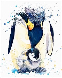 7Dots Art. Mom and Baby. Watercolor Art Print, Poster 8"x10" on Fine Art Thick Watercolor Paper for Childrens Kids Room, Bedroom, Bathroom. Wall Art Decor with Animals for Boys, Girls. (Penguins)