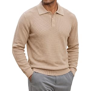 JMIERR Mens Waffle Knit Sweaters Dress Polo Pullover | Quarter Button, Textured, Soft Touch, V Neck, Long Sleeve, Casual, Fal