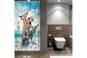 GRTUSPR Cat Dinosaur Shower Curtains for Boys, Funny Animal Riding Dino Fighting on Blue Ocean Shower Curtain Sets with Hooks, Hilarious Kids Men Cool Bathroom Set Accessories Decor Beach Theme Curtains