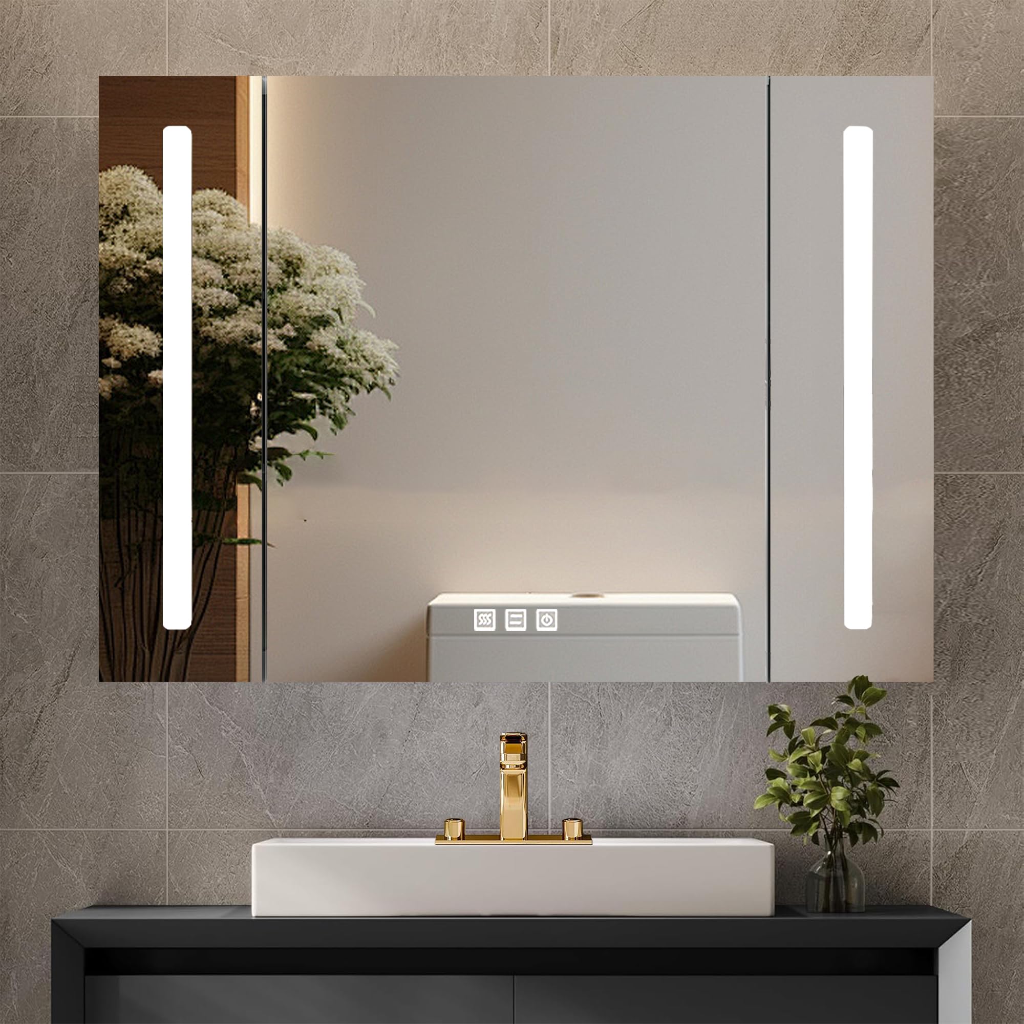 Photo 1 of Bathlink 36 × 31.5 Inch LED Medicine Cabinet Mirror, Recessed or Wall Mounted 3-Door with Soft-Close, Defogger, Adjustable Color Temperature, Stepless Dimming, Tempered Glass