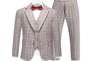 RINFAM Boys Tuxedo Suits Size 4-16 Plaid Stripe Dress Suit Jacket for Boys 3 Piece Tweed Pinstripe Slim Fit Suits Set