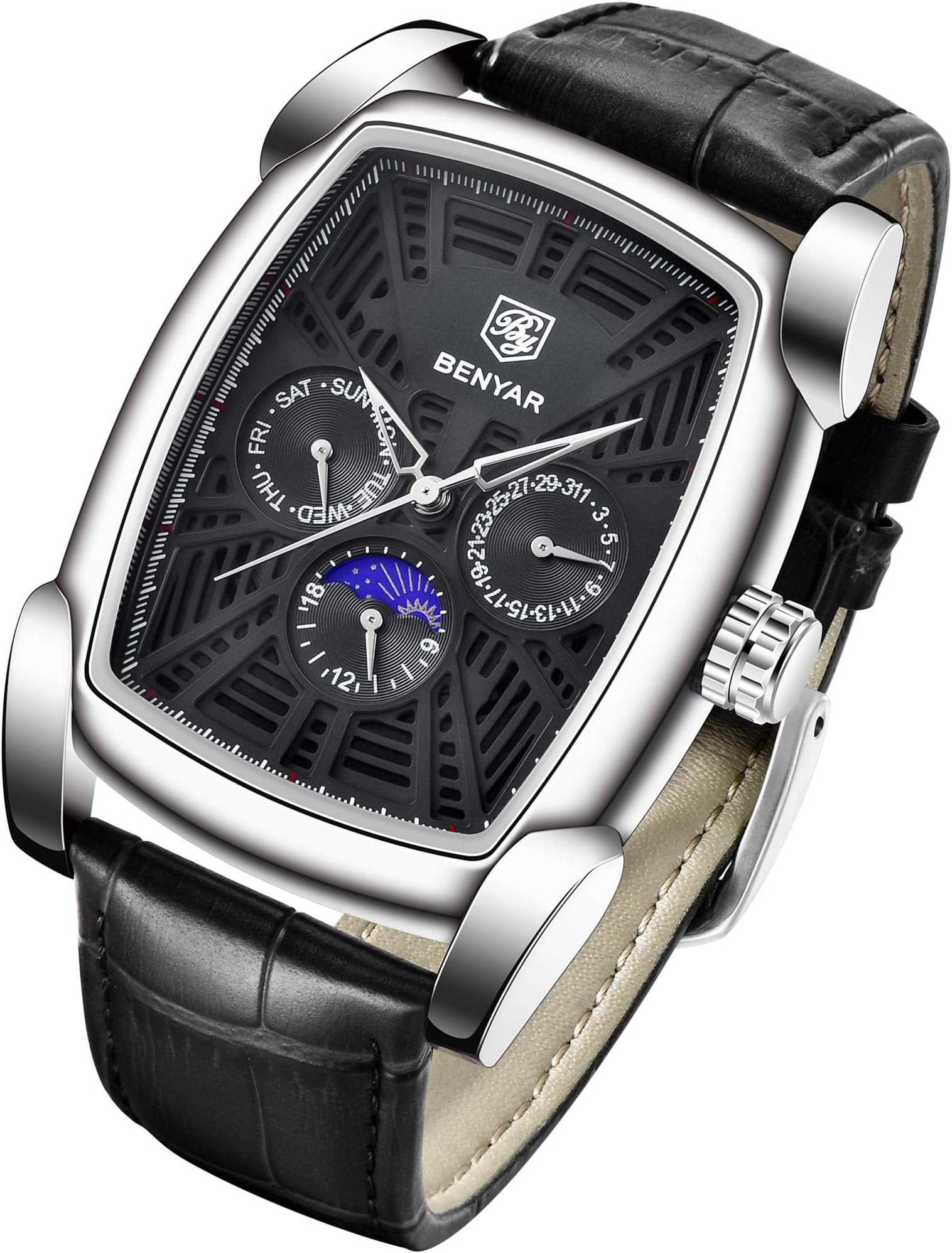 BENYAR Watch for Men Date Week Moon Phases Square 3ATM Waterproof Black Brown Blue Leather Strap Fashion Casual Classic Retro Rectangle Men's Wrist Watches Perfect Gifts for Friend