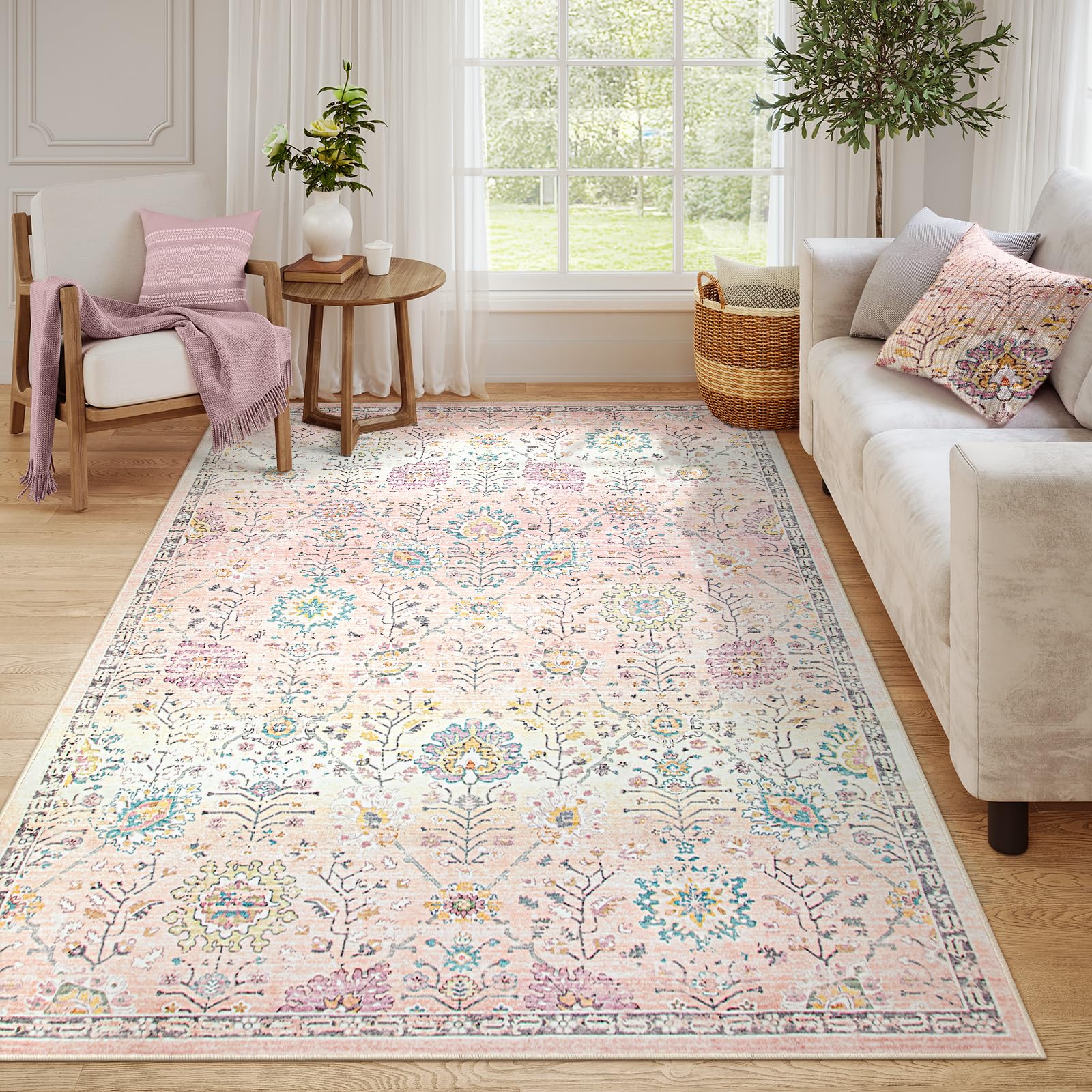 Photo 1 of Lahome Light Pink Boho Rug, 6x9 Washable Rugs for Bedroom Girls, Soft Floral Kids Carpet with Non-Slip Backing for Nursery Playroom Kids Room