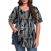 LARACE Women Plus Size Ruffle Sleeve Tunic Tops V Neck Office Work T Shirts | Short Sleeve Loose Blouse, Flowy Hem Covers Belly, L-5XL Casaul Summer Vacation Tops, Comfy 95% Rayon, Pairs with Leggings