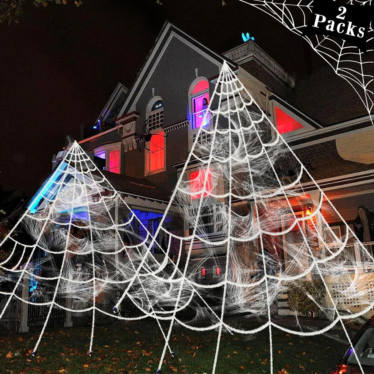 Outdoor Holiday Decorations - Pawliss Halloween Decorations, 16 Ft 2 Pack Giant Dense Spider Web with Super Stretch Cobweb Set, Halloween Outdoor Yard Decor, White