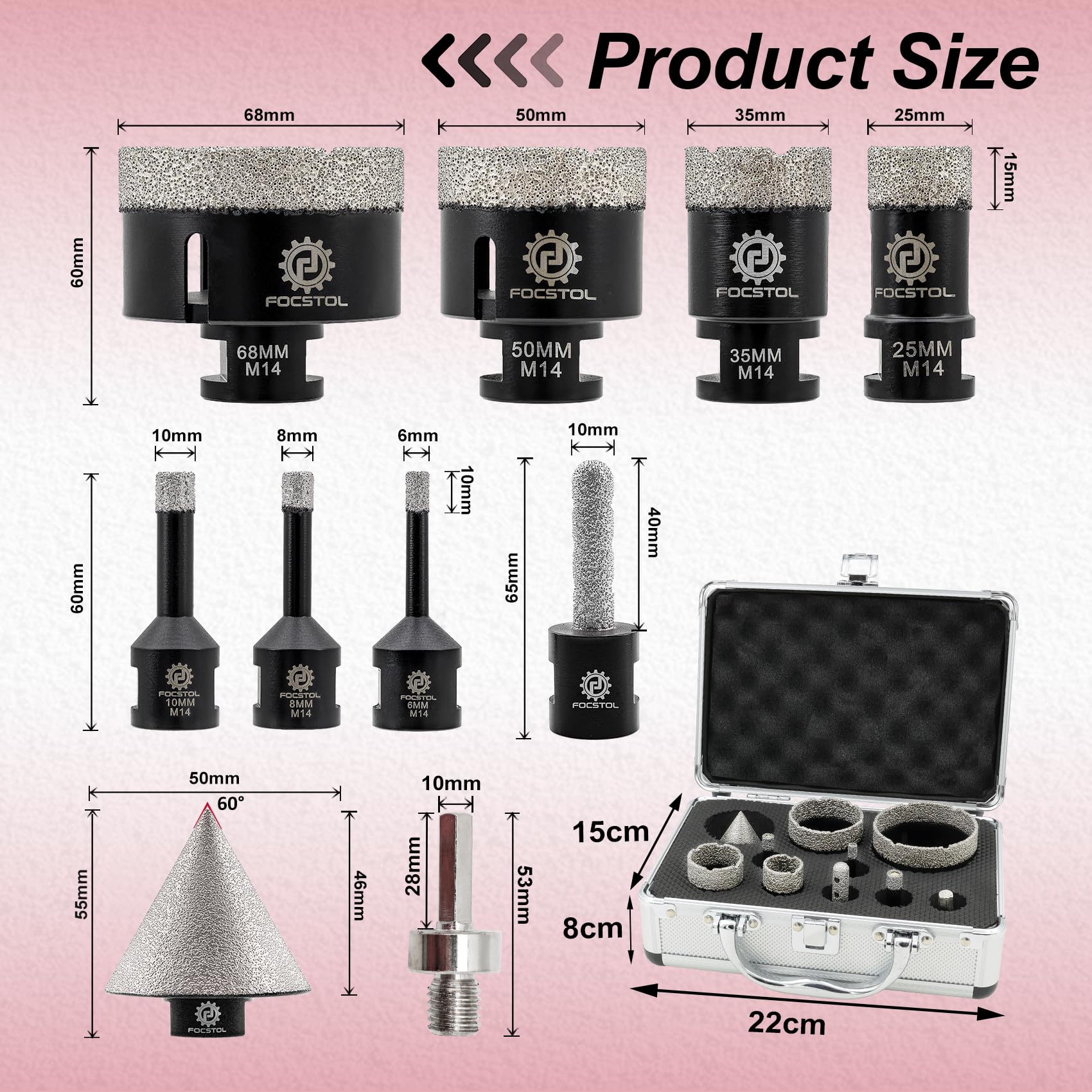 FOCSTOL Diamant Fliesenbohrer Set - 6/8/10/25/35/50/68mm+10mm Fingerfräser+50mm Fasenbohrer+Sechskantschaft Adapter für Porzellan Keramik Fliese Marmor Granit Stein Quarz Packung mit 10 2