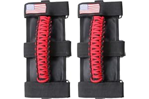 BESTAOO 2 x Roll Bar Grab Handles Paracord Grip Handle for Jeep Wrangler YJ TJ JK JL & Gladiator JT 1955-2024 UTV ATV, Fit for 2 to 4-inch Roll Bars, Upgrade Metal Buckle (Red)
