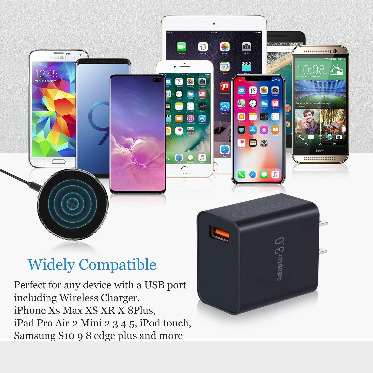 QC 3.0 Wall Charger, OKRAY 2 Pack 18W Fast Charging USB Wall Charger Power Adapter USB Plug Compatible 10W Wireless Charger, iPad Pro, Tablets, iPhone, Samsung Galaxy S10/S9/S8, LG, HTC (Black Black)