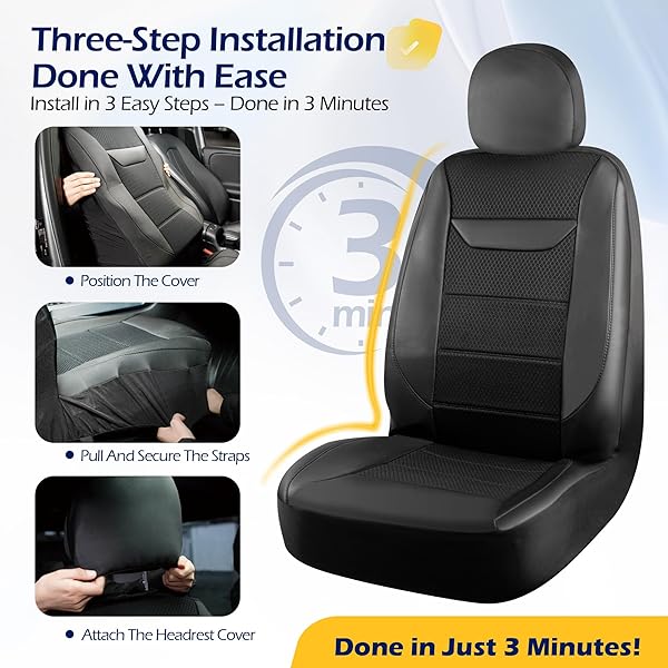 KINGPHENIX 2 PACK FRONT MEMORY FOAM LEATHER CAR SEAT COVERS, BREATHABLE 4D MESH, EASY INSTALL AUTOMOTIVE SEAT PROTECTORS, AIRBAG COMPATIBLE, UNIVERSAL FIT FOR CARS, TRUCKS, VANS, SUV – BLACK