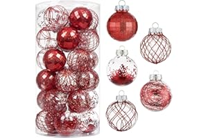 CristBest 30ct Christmas Ball Ornaments-60mm/2.36" Shatterproof Clear Plastic Xmas Balls Baubles Set with Stuffed Delicate Sparkling, Hanging Christmas Tree Decorations (Red)