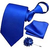 Branduce 3.15"（8cm） Pre-tied Adjustable Zipper Tie and Lapel Pin Solid Necktie Handkerchief Set for Men