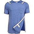 Deyeek Men's Post Shoulder Surgery Shirts Recovery Tear Away Short Sleeve Full Open Side Snap Adaptive Chemo Clothing