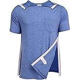 Deyeek Men's Post Shoulder Surgery Shirts Recovery Tear Away Short Sleeve Full Open Side Snap Adaptive Chemo Clothing