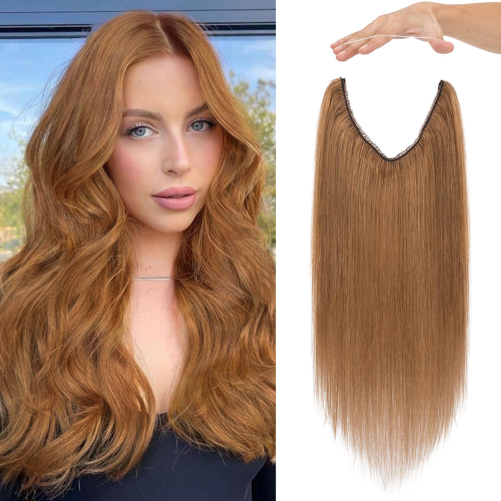 Photo 1 of Charites Halo Hair Extensions Real Human Hair Invisible Wire Extensions with Transparent Fish Line Adjustable Size Light Brown 14 inch
