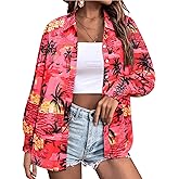 Womens Button Down Hawaiian Shirts Puff Long Sleeve Dressy Casual Floral Printed T-Shirt Trendy V Neck Comfy Boho Blouse Tops