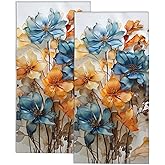 Colorful Abstract Teal Flower Cotton Towels - Set of 2 Soft Kitchen & Bathroom Hand Towels - 14"X28"