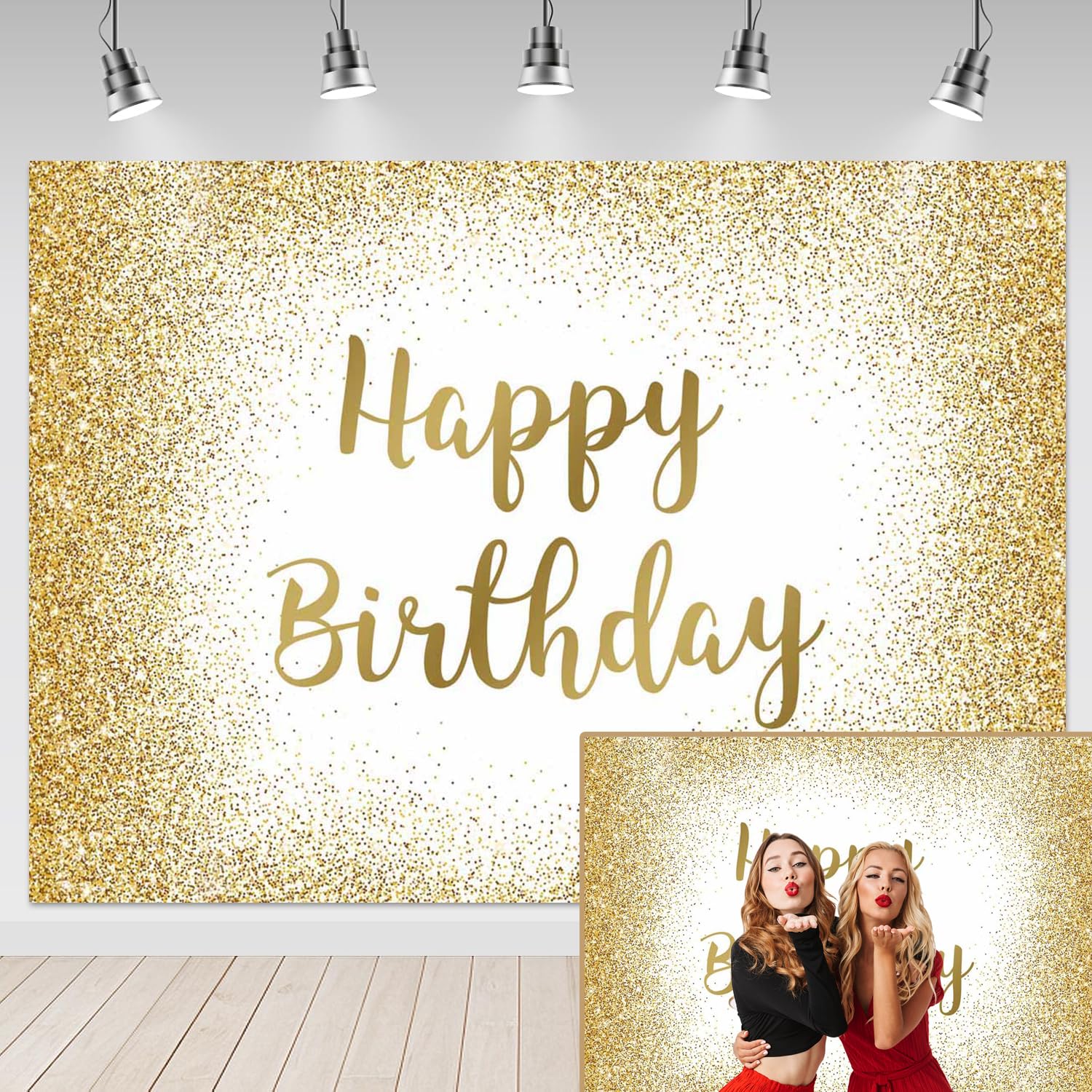 Photo 1 of Mocsicka Happy Birthday Backdrop - Gold Glitter Sweet 16 Photo Backdrop for Women & Men - 7x5ft