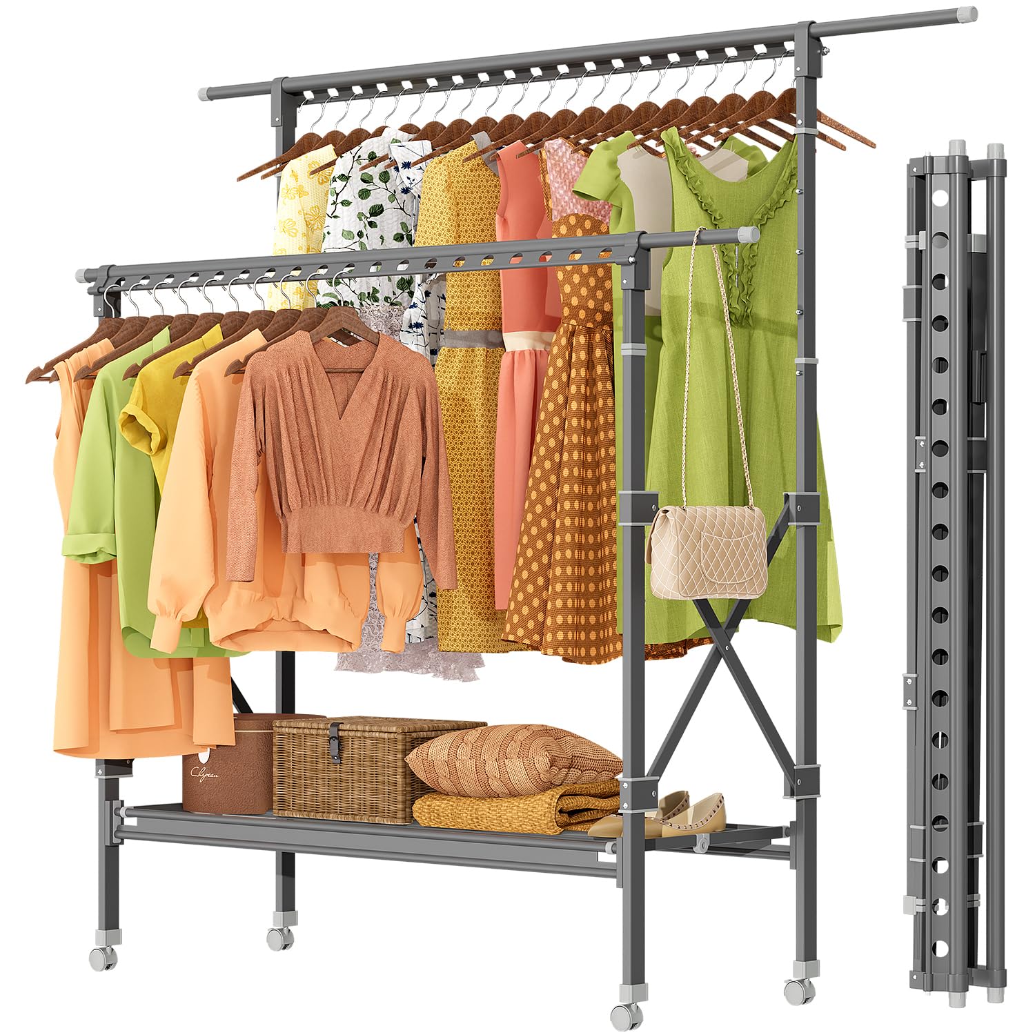 vallume Clothes Rack, Double Rods Clothing Racks with Wheels, Adjustable Wardrobe Coat Rack with Bottom Shelves Extendable Bar, Heavy Duty Rolling Clothes Organizer Collapsible Standing Garment Rack
