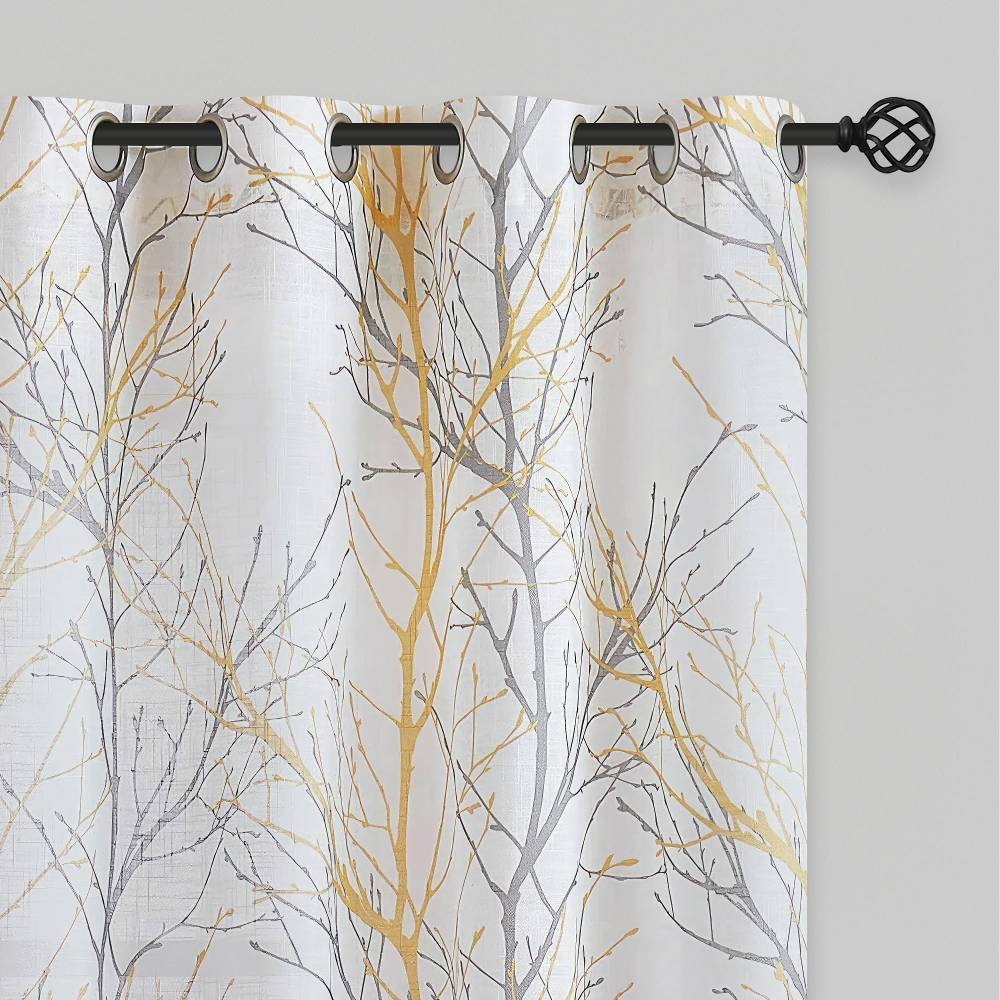 FMFUNCTEX Grey White Curtains for Living Room 274cm Yellow Tree Branches Print Curtain Set Linen Textured Semi-Transparent Window Curtains for Bedroom Grommet Top, 2 Panels
