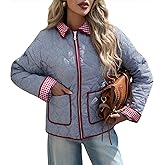 Tankaneo Womens Cropped Quilted Jackets Plaid Lightweight Full Zip Up Jacket Puffer Padded Coat with Pockets