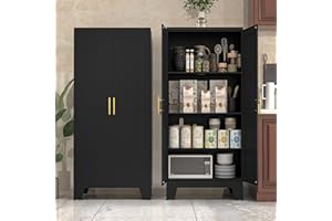 PAOFIN Balck Kitchen Storage Cabinet, Kitchen Pantry Storage Cabinet with Doors and Shelves, Storage Cabinet with Adjustable Leveling Foot for Kitchen, Living Room and Dinning Room. 61" H