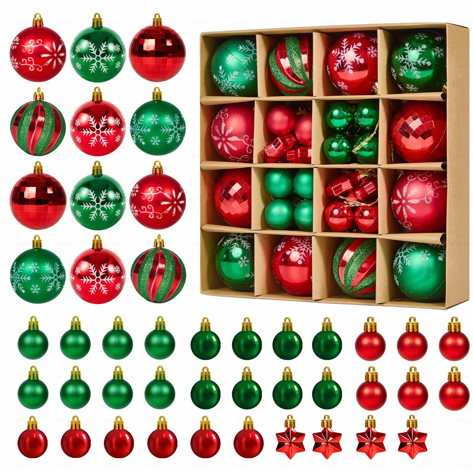 Fuyuleyo 44Pcs Christmas Baubles, Red and Green Christmas Tree Decorations Set, Shatterproof Xmas Balls Ornaments Tree Baubles for Hanging Xmas Decorations Festive Holiday Home Decor