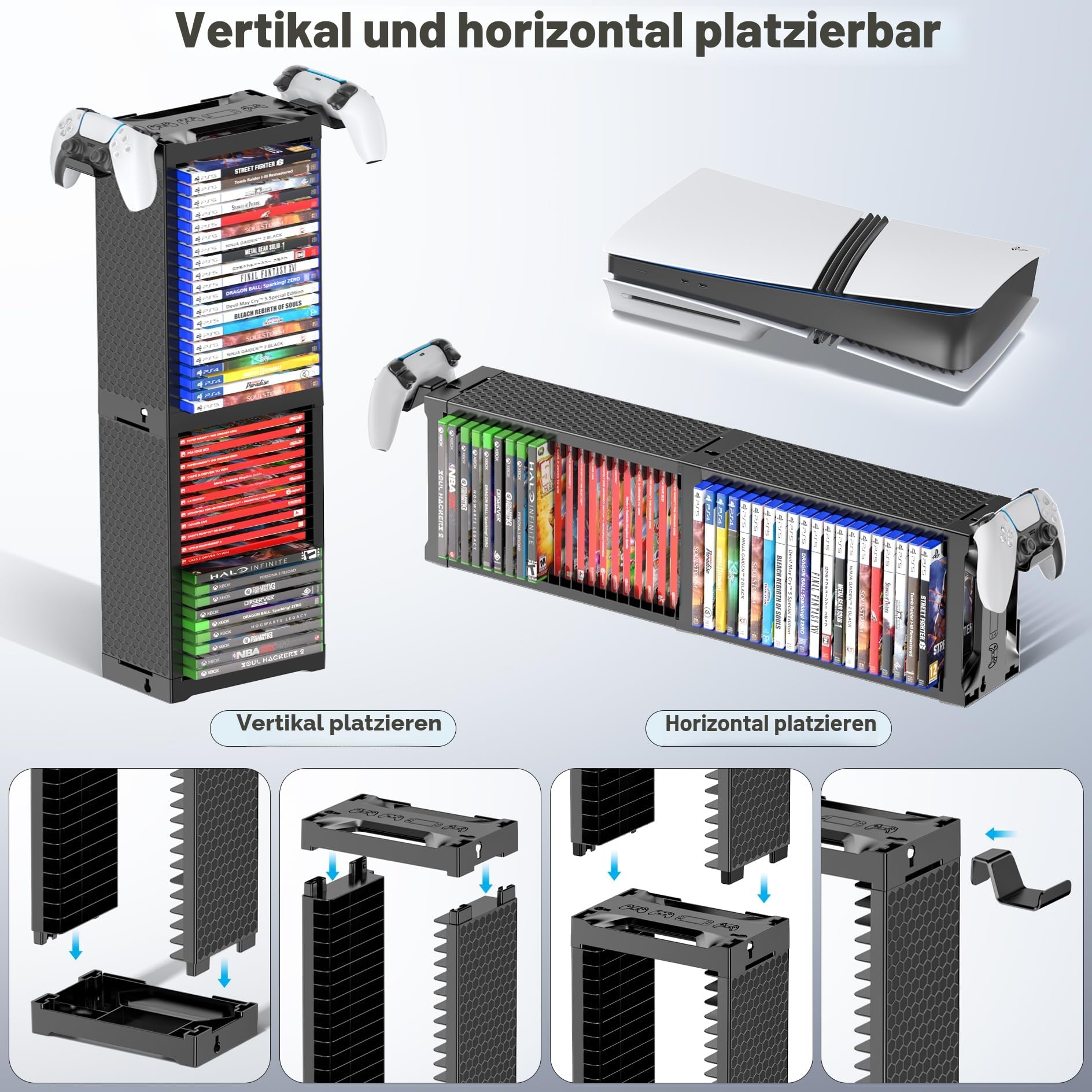 Kytok Spiele Aufbewahrung Game Storage Tower mit Controller Ständer, Spiele Organizer Wandhalterung für Nintendo Switch 2/ PS5/ PS4/ Xbox, Gaming Shelf für 20 Spiel Discs, Gaming Zubehör 2 T 3