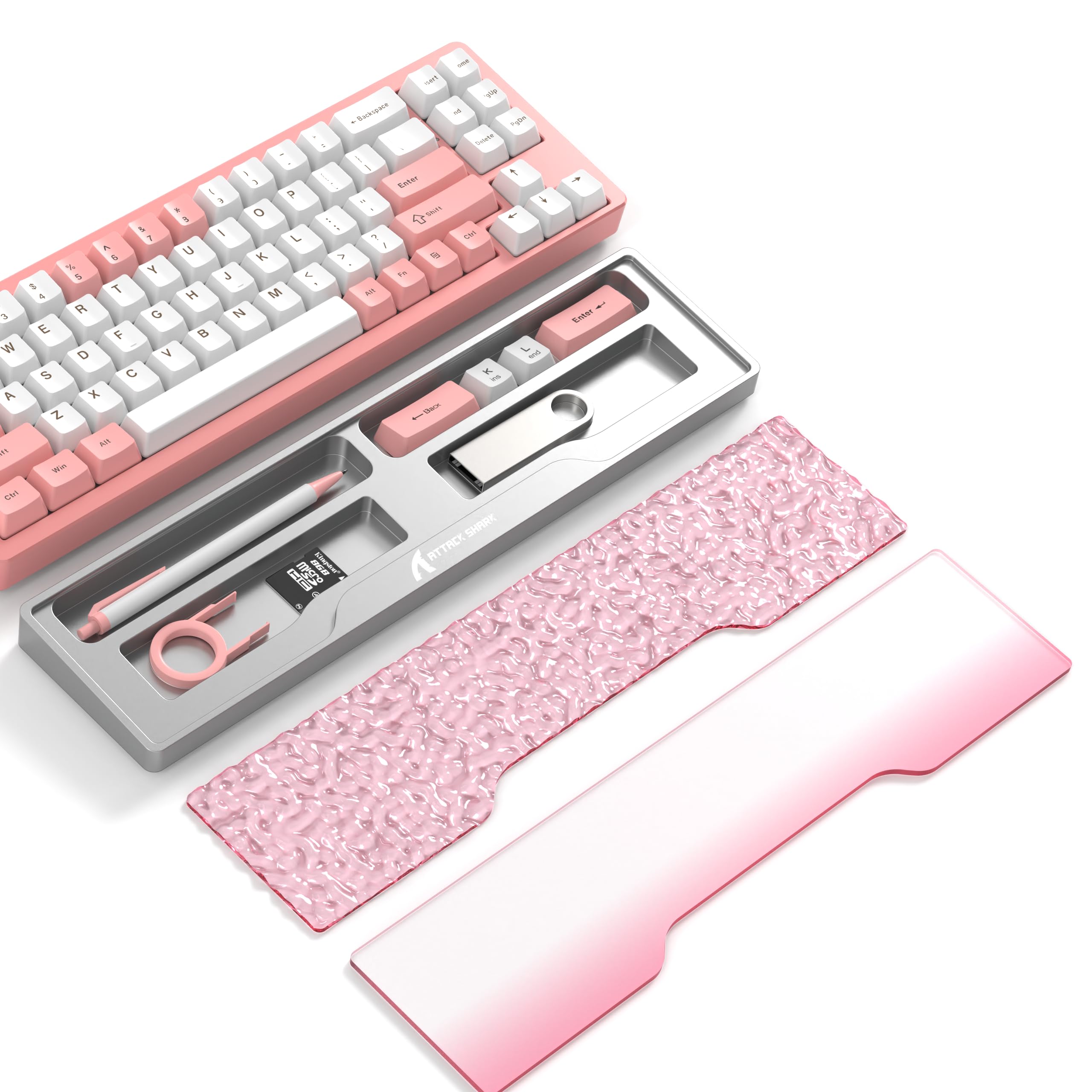 ATTACK SHARK CNC Aluminum Alloy Keyboard Wrist Rest with Partition Storage Case, 2 Acrylic Translucent Top Covers, Ergonomic Non-Slip Support for TKL Mechanical Keyboards, Ideal for Office/Home-Pink