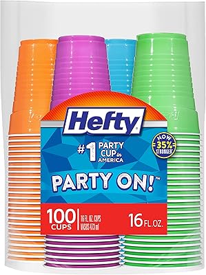 Hefty Party On Disposable Plastic Cups, Assorted, 16 Ounce, 100 Count