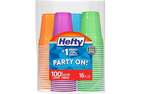 Hefty Party On Disposable Plastic Cups, Assorted, 16 Ounce, 100 Count