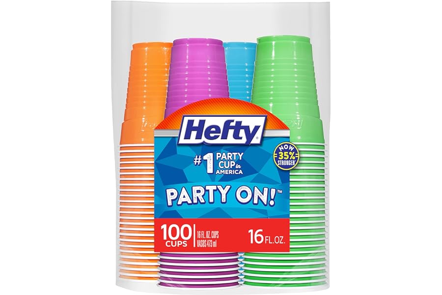 Hefty Party On Disposable Plastic Cups, Assorted, 16 Ounce, 100 Count