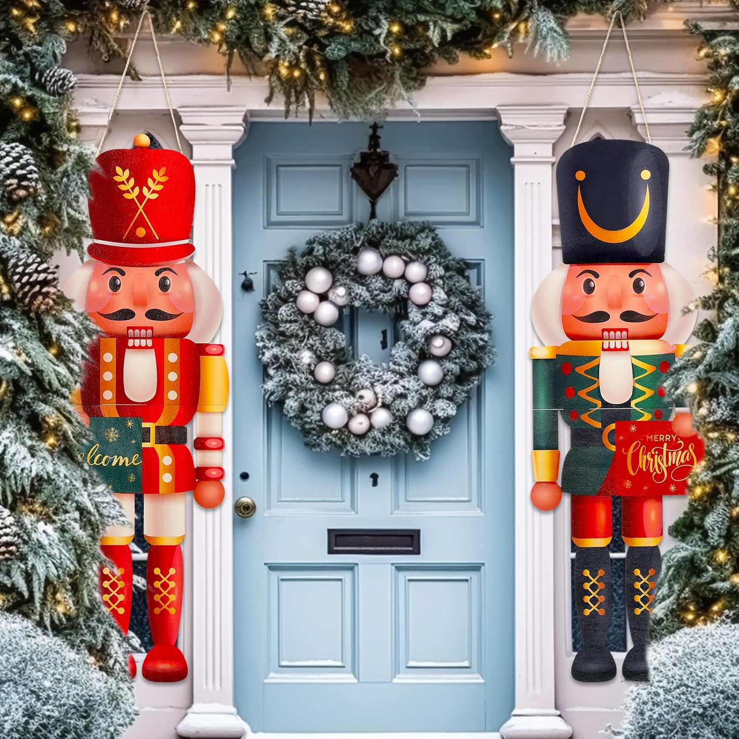 Nutcrackers - Hiboom 2 Pcs 9.4 x 28.4 Inch Wooden Nutcracker Christmas Nutcrackers Ornaments Hanging Nutcracker Christmas Decor for Door Porch Garden Yard Indoor Xmas Holiday Party Outdoor Home Decorations