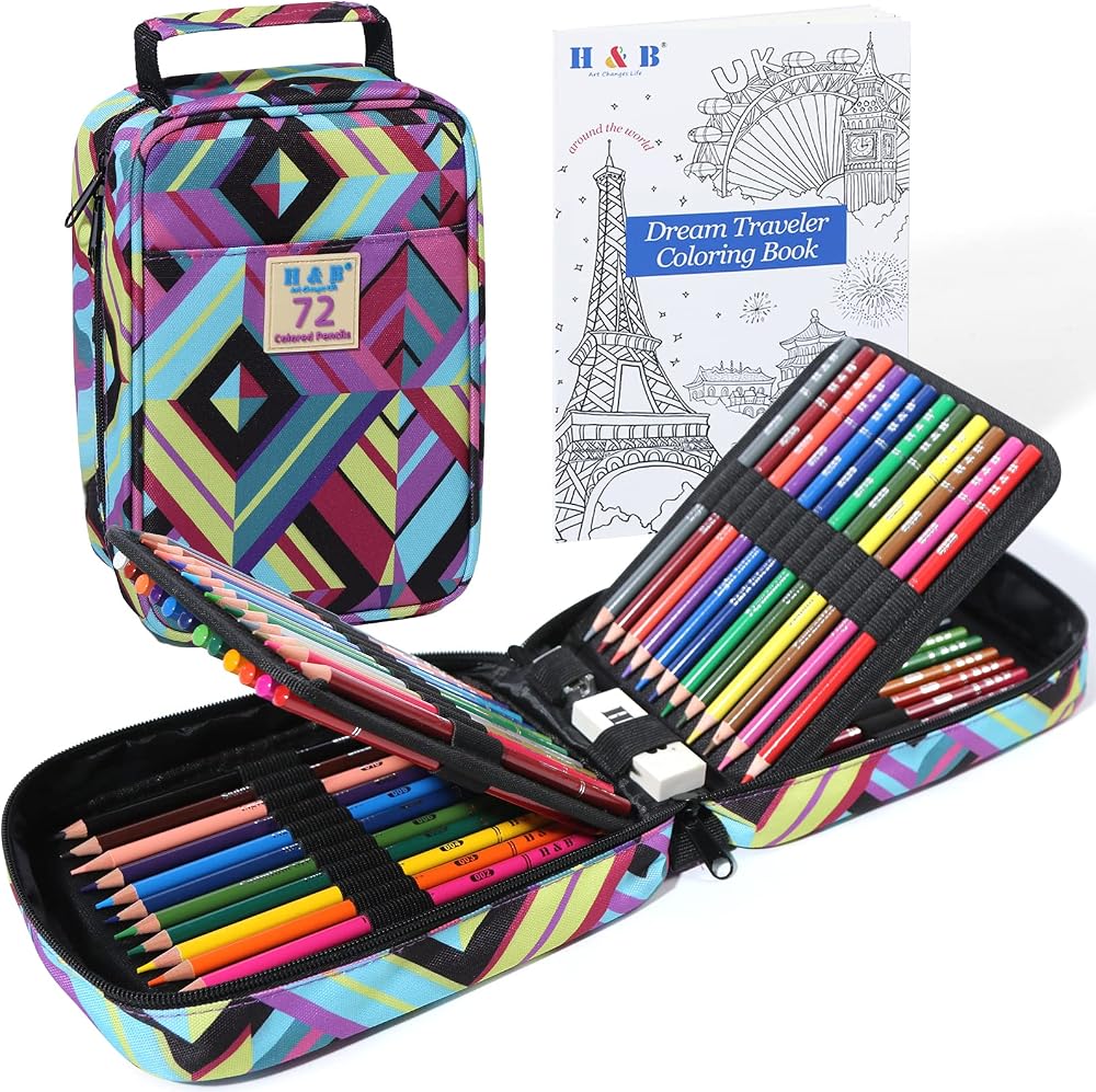 H & B 72 Colouring Pencils Oil Based Set with Colouring Book, Carry Case