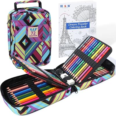 H & B 72 Colouring Pencils Oil Based Set with Colouring Book, Carry Case
