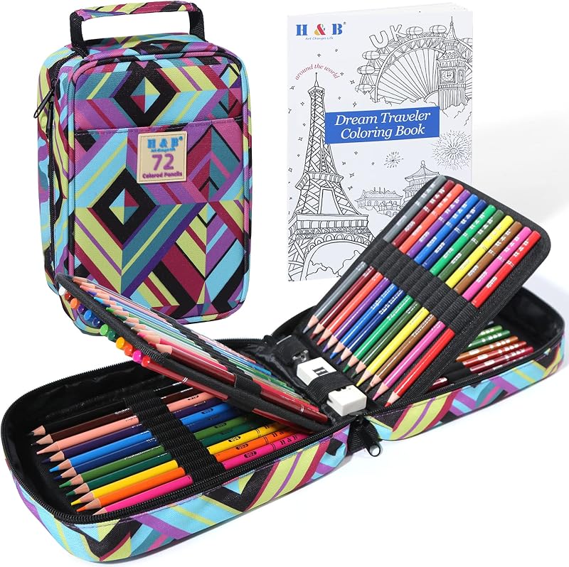H & B 72 Colouring Pencils Oil Based Set with Colouring Book, Carry Case