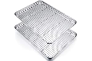 P&P CHEF Extra Large Baking Sheet and Cooking Rack Set, Stainless Steel Cookie Half Sheet Pan with Grill Rack, Rectangle 19.6''x13.5''x1.2'', Oven & Dishwasher Safe, 4 Piece (2 Pans+2 Racks)