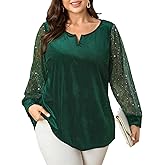 SCOMCHIC Women's Plus Size Blouses Long Sleeve V Neck Sparkly Sequin Velvet Top Dressy Casual Loose Shirts Party Tops