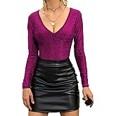BelleLovin Womens Long Sleeve Bodysuit Solid Color Sexy V neck Slim Elastic Glitter Body suits tops Clubwear