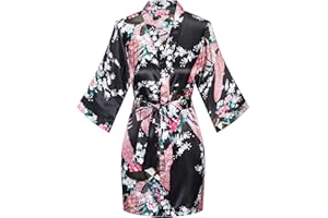 KIMONO PALACE Women's Short Kimono Robes Bride and Bridesmaid Satin Floral Bathrobe Peacock Sleepwear Dressing Gown for Wedding Party